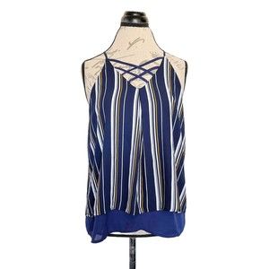 Monteau Womens Blouse Striped Semi Sheer Lined Front Cut Out Sleeveless  Medium